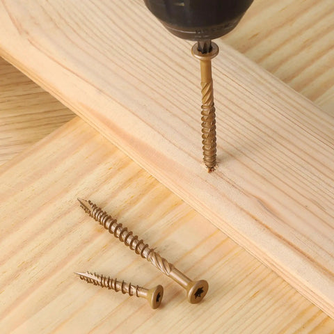 All Weather Wood Deck Screws Kit 126 Pieces With Exterior Epoxy Coated Brown Finish Built To Last screws shown in use on wood