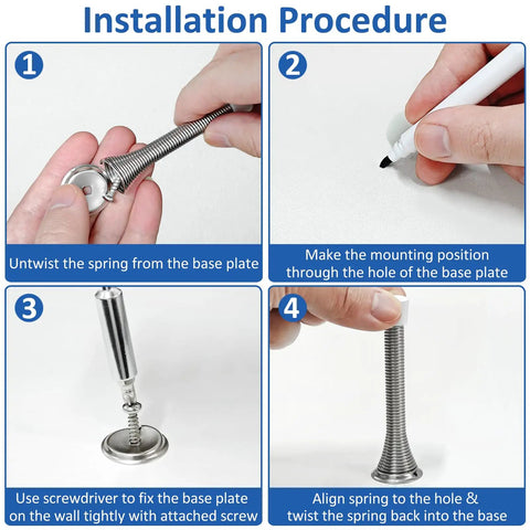 Installation steps for 36 Pack Spring Door Stopper Set with Rubber Bumper Tips for Wall and Bottom of Door.