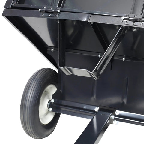 Close-up of wheel and frame of Beefy Heavy Duty Steel Dump Cart For Tractors ATVs And UTVs With 22 Cubic Feet And 750 LB Capacity