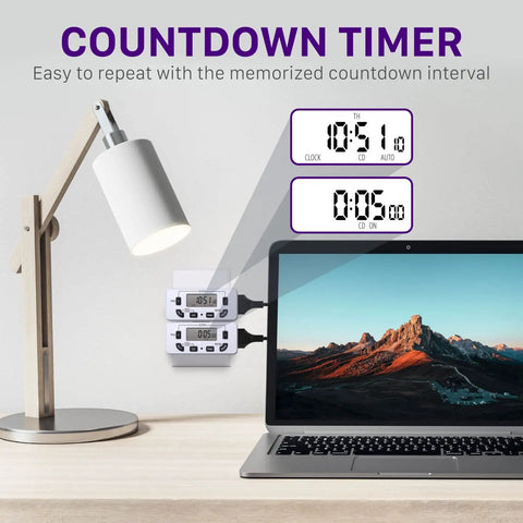 7-Day Digital Outlet Timer For Indoor Plug-In Lights, Lamps And Appliances shown near laptop and lamp with countdown display