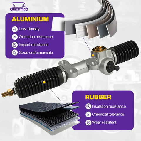 DS Steering Gear Box Assembly For Golf Cart Fits Carryall Turf 1984 Up Gas Electric Models Replacement Steering Rack Built Rugged For Long Life With Easy Install, showing aluminum and rubber materials with features such as oxidation resistance and insulation resistance.