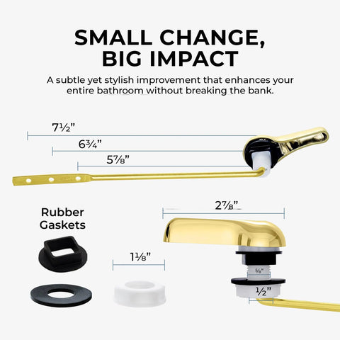 Polished Brass Front Mount Toilet Handle Replacement Kit With Universal Flush Lever Fits Most Front Mount Toilet Tanks Easy Install No Tools Required Today, showing handle and gaskets.