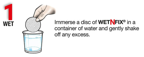 Illustration of wetting a disc for fixing wall plugs fast in weak crumbling masonry without filling or redrilling, ideal for various fittings.