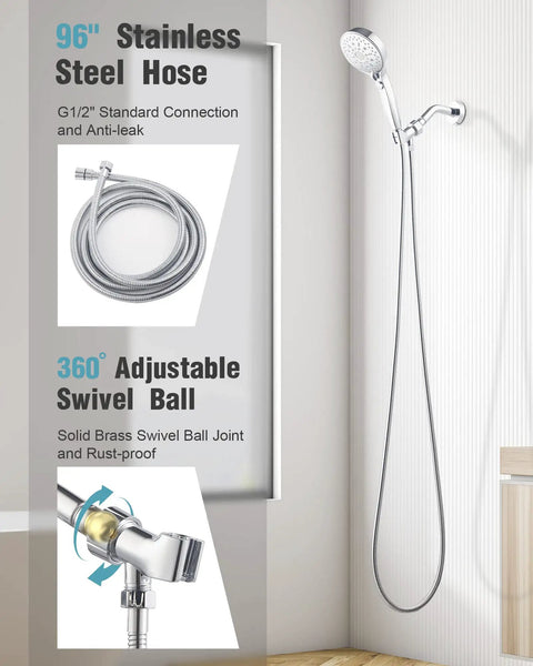 High Pressure Handheld Shower Head With 12 Functions And 96 Inch Hose For Quick Pet Bathing Pup Bath Detachable Water Saver Wand With Switch Button Chrome Finish, stainless steel hose with swivel ball for easy adjustment in bathroom setting.