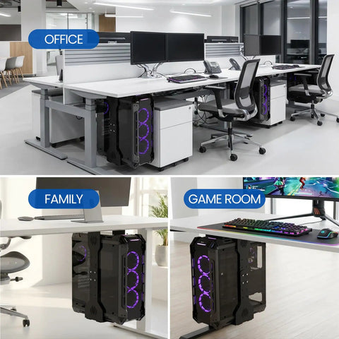 Built Like A Tank Under Desk Pc Mount Heavy Duty Cpu Holder Keeps Your Rig Locked Down With A Massive 77 Pound Capacity Adjustable Steel Bracket For Standing Desks under a desk in an office setting.