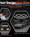 Hexagon LED Lights Power Cable With Switch Exclusively Compatible With Hexagon LED Panels High Capacity DIY Ready For Creative Hexagon Lighting Designs One Cable Powers Up To 62 7W Modules highlighting installation steps.