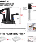 Dimensions of Two-Handle Waterfall Bathroom Faucet In Matte Black With Pop-Up Drain and Metal Supply Lines for quick install