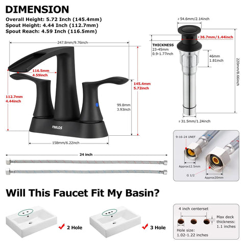 Dimensions of Two-Handle Waterfall Bathroom Faucet In Matte Black With Pop-Up Drain and Metal Supply Lines for quick install
