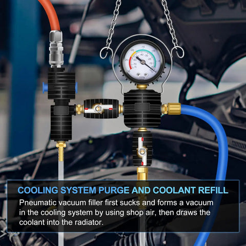 All In One Radiator Pressure Leak Tester And Vacuum Cooling System Purge Kit with gauge and vacuum hoses in car engine bay.