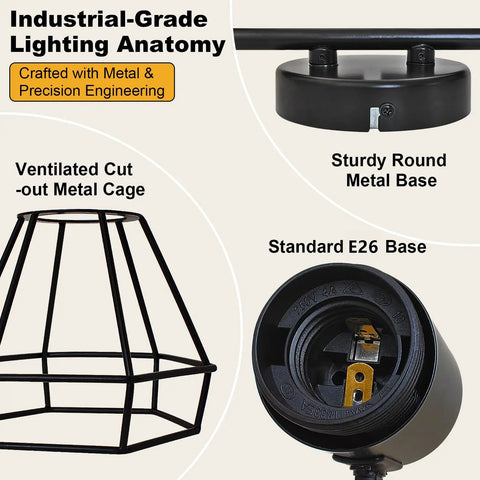 Close-up of 4 Light Track Lighting Fixture In Black Industrial Style With Open Wire Cage showing metal base and E26 socket