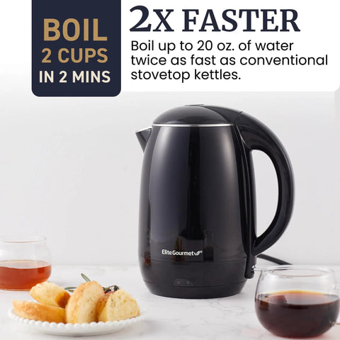 1.8L Double Wall Insulated Kettle With Cool Touch Exterior, 1500W Quick Boil, Stainless Steel Interior, black, on counter