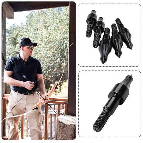 Archer with bow and 100 Grain Archery Field Points Screw In For Five Sixteenth Inch Arrows on a split image