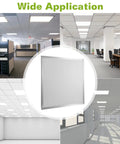 Collage of 2 By 2 Ft LED Flat Panel Light For Drop Ceiling Office Use, 48W To 150W Equivalent, 5800 Lumens in office contexts.