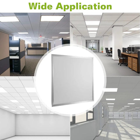 Collage of 2 By 2 Ft LED Flat Panel Light For Drop Ceiling Office Use, 48W To 150W Equivalent, 5800 Lumens in office contexts.
