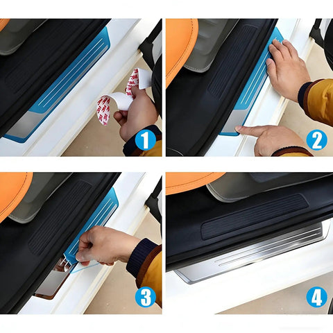 Rock Solid Stainless Steel Door Sill Guards For Tesla Cybertruck 2023 2025 during installation process showing adhesive use.
