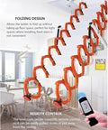 Top Shelf Electric Attic Ladder With Slick Pull Down Action And Heavy Duty Titanium Magnesium Alloy Frame Featuring Secure Handrail For Easy Loft Or Ceiling Access In A Clean Hidden Storage Fold, shown in folded position with remote control.