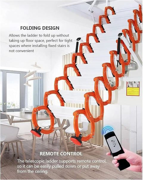 Top Shelf Electric Attic Ladder With Slick Pull Down Action And Heavy Duty Titanium Magnesium Alloy Frame Featuring Secure Handrail For Easy Loft Or Ceiling Access In A Clean Hidden Storage Fold, shown in folded position with remote control.