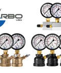 CARBO gas test pressure gauge set with 9 gauges on brass and chrome-plated steel valve assemblies, 1 in FNPT, 0-30 psi