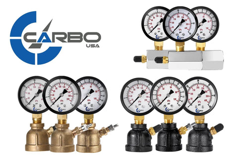 CARBO gas test pressure gauge set with 9 gauges on brass and chrome-plated steel valve assemblies, 1 in FNPT, 0-30 psi
