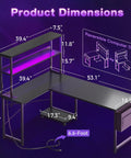 Dimensions of L Shaped Gaming Desk With LED Lighting And Built In Power Outlets, Reversible Corner Computer Table