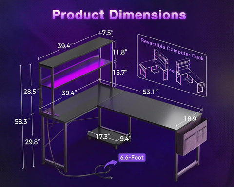 Dimensions of L Shaped Gaming Desk With LED Lighting And Built In Power Outlets, Reversible Corner Computer Table