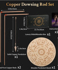 Two Pack Copper Dowsing Rods With Bag High Purity 99.9 Percent Copper Divining Rods For Energy Detection And High Sensitivity Ultra Precise Result L Shaped Design Minimizes Shake For Consistent Readings And Easy Handling. Set with pendulum, wooden board, box