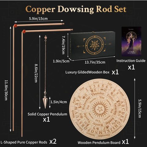 Two Pack Copper Dowsing Rods With Bag High Purity 99.9 Percent Copper Divining Rods For Energy Detection And High Sensitivity Ultra Precise Result L Shaped Design Minimizes Shake For Consistent Readings And Easy Handling. Set with pendulum, wooden board, box