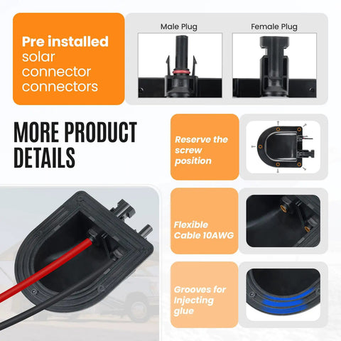 Detailed view of Solar Cable Entry Gland Kit with 10AWG Cable, showing male and female plugs, screw position, and cable grooves.