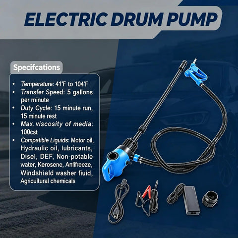 Heavy Duty Rock Solid Electric Drum Pump 5 GPM Dual Voltage 120V AC 12V DC 2 Inch Bung 55 Gal Barrel No Fuss Quick Transfer For Def Diesel Antifreeze with hose and power cords.