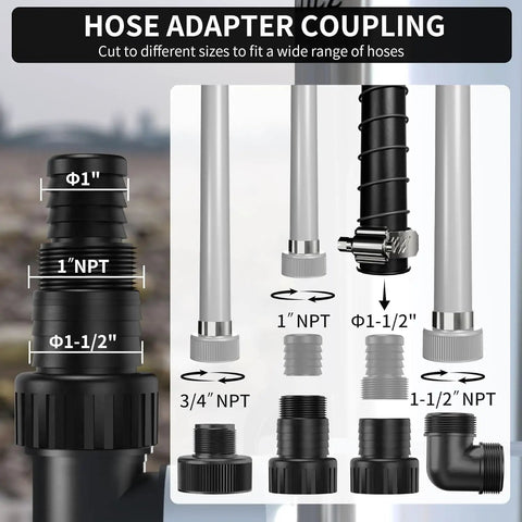 Various hose adapter couplings showing multiple sizes compatible with 1.6HP Stainless Steel Sump Pump With Auto Float Switch.