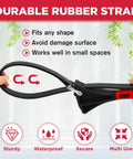 Hands holding Heavy Duty Rubber Strap Adjustable Wrench Set, showing flexible rubber strap, text highlights use features.
