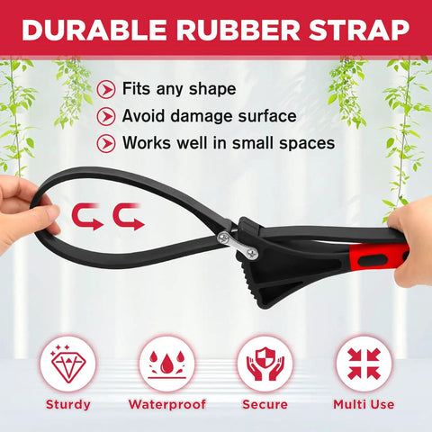 Hands holding Heavy Duty Rubber Strap Adjustable Wrench Set, showing flexible rubber strap, text highlights use features.