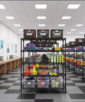 Beefed Up Heavy Duty Storage Shelves With Adjustable Height, 3200 Lb Capacity, 55.5 Inch Wide By 18 Inch Deep By 71 Inch High Industrial Shelving For Garage, Warehouse, Kitchen And Office, Maximizes Vertical Space And Cuts Storage Costs. Black metal shelving in a sports storage room.