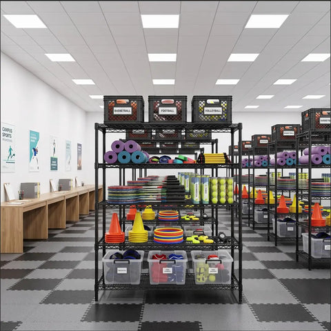 Beefed Up Heavy Duty Storage Shelves With Adjustable Height, 3200 Lb Capacity, 55.5 Inch Wide By 18 Inch Deep By 71 Inch High Industrial Shelving For Garage, Warehouse, Kitchen And Office, Maximizes Vertical Space And Cuts Storage Costs. Black metal shelving in a sports storage room.