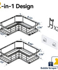 Diagram of No Drill Corner Shower Caddy Set, Stainless Steel Wall Mounted Bathroom Organizer With Removable Hooks, Rustproof Shower Shelf.