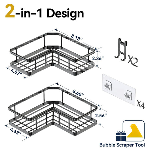 Diagram of No Drill Corner Shower Caddy Set, Stainless Steel Wall Mounted Bathroom Organizer With Removable Hooks, Rustproof Shower Shelf.