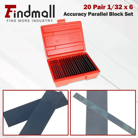 20 Pair 1/32 By 6 Precision Parallel Block Set, Hardened Alloy Steel, 0.0001 Inch Precision, Matched Pairs For Machinist Pro Grade Work, Includes Heavy Duty Case with open red box and blocks
