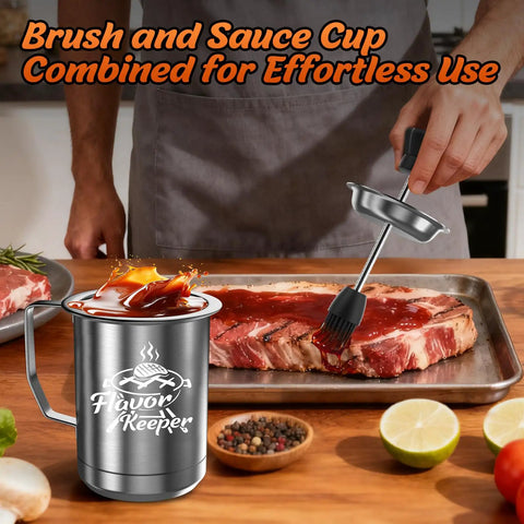 All In One BBQ Basting Brush And Sauce Cup Set For Grilling, Spill Proof Brush With Attached Sauce Cup used on steak