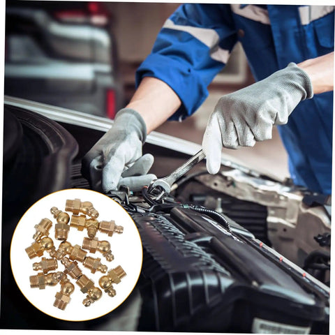 Grease Fittings Assortment Kit With 90-Degree 45-Degree And Straight Nozzles for auto lube shown with mechanic using tools