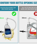 Front view: Amazon transmission fluid pump for standard quart bottles with 28mm opening; 8cc per stroke, clear tubing.