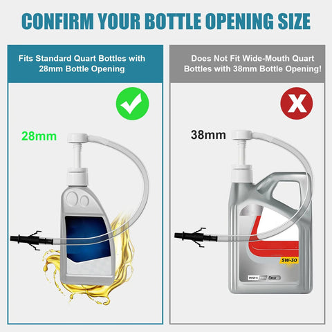 Front view: Amazon transmission fluid pump for standard quart bottles with 28mm opening; 8cc per stroke, clear tubing.