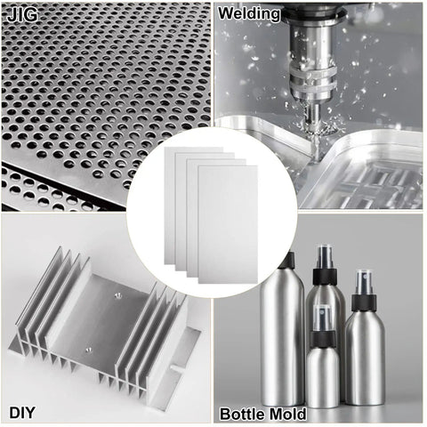 Collage of uses for 12 Pack Aluminum Sheets 2 X 4 X One Eighth Inch 6061 T6 Plate, including welding, jig, DIY, and bottle mold.