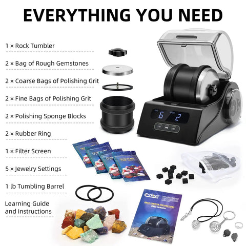Rock Tumbler Kit With Quiet Polisher And Noise Reduction Cover Speed And Timer Control Includes Four Polishing Grits Rough Gemstones Learning Guide And A Cool Awesome Science Gift For All Ages displayed with contents