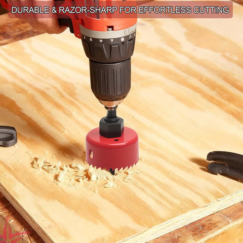 Nine Piece Hole Saw Set With Mandrel, Drill Rod, Hex Wrench, Spare Drill Bit, And Case for cutting plywood