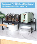 Built Tough Expandable Cabinet Shelf Organizer Set Featuring Adjustable Countertop Storage Rack To Knock Out Clutter And Keep Your Kitchen Stuff Locked In, showcasing jars and a toaster.