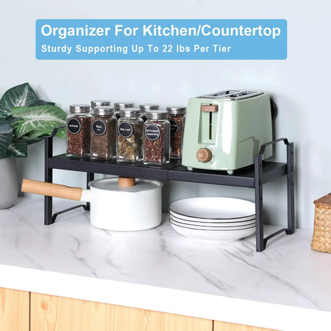 Built Tough Expandable Cabinet Shelf Organizer Set Featuring Adjustable Countertop Storage Rack To Knock Out Clutter And Keep Your Kitchen Stuff Locked In, showcasing jars and a toaster.
