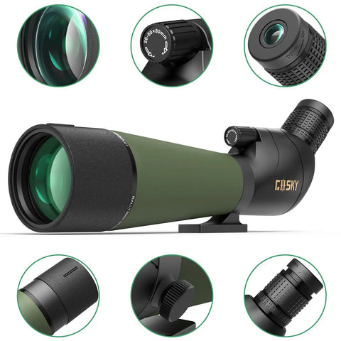 DiamondEdge Spotting Scope 20-60x80 For Bird Watching And Wildlife Viewing, black and green angled view with 80mm lens and focus knob