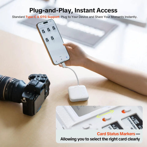 Person using CreateMate Mini SD Card Reader Case With 6-Slot Storage And Ultra Fast 2-In-1 USB 3.1 Type-C Transfer For SD And Micro SD Cards connected to phone with camera in view.