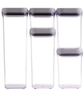 Five-Piece Airtight POP Container Set for Pantry Organization With 2.1 Qt, 1.5 Qt, Two 0.9 Qt, and 0.3 Qt Storage Jars, Easy Push Button Seal