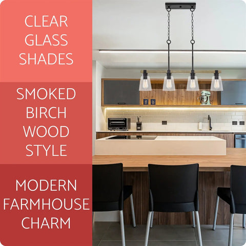 Modern kitchen with Asher 34-Inch 4-Light Farmhouse Kitchen Island Light with funnel glass shades, smoked birch finish, and black accents.